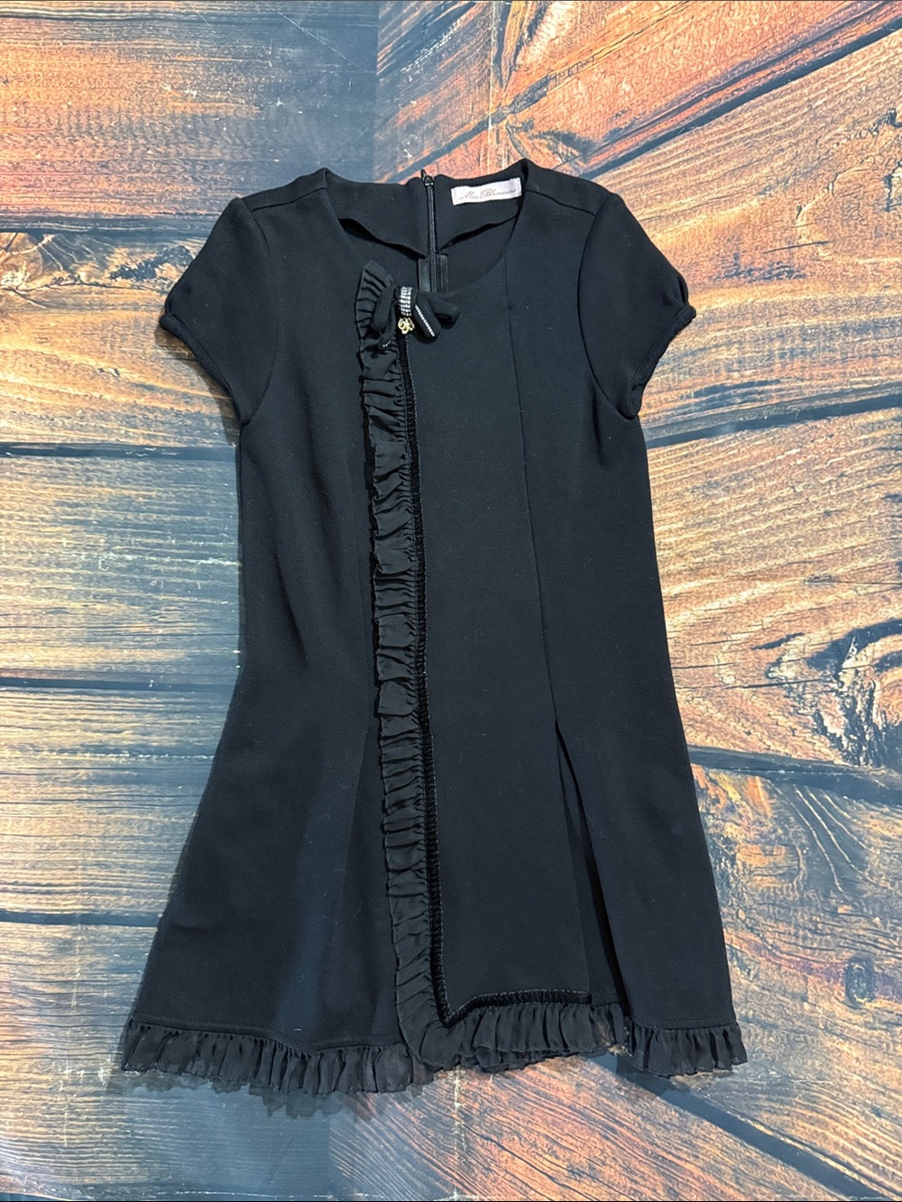 Miss Blumarine Black Ruffle-Trim Short Sleeve A-Line Dress